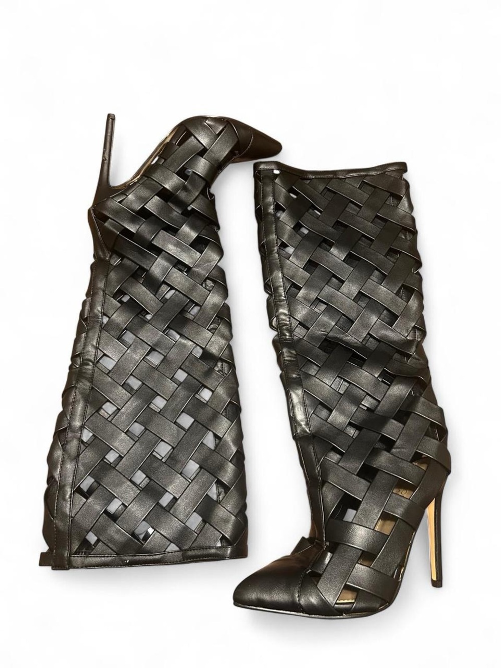 Women's Black Woven High-Heel Knee Boots 6.5
